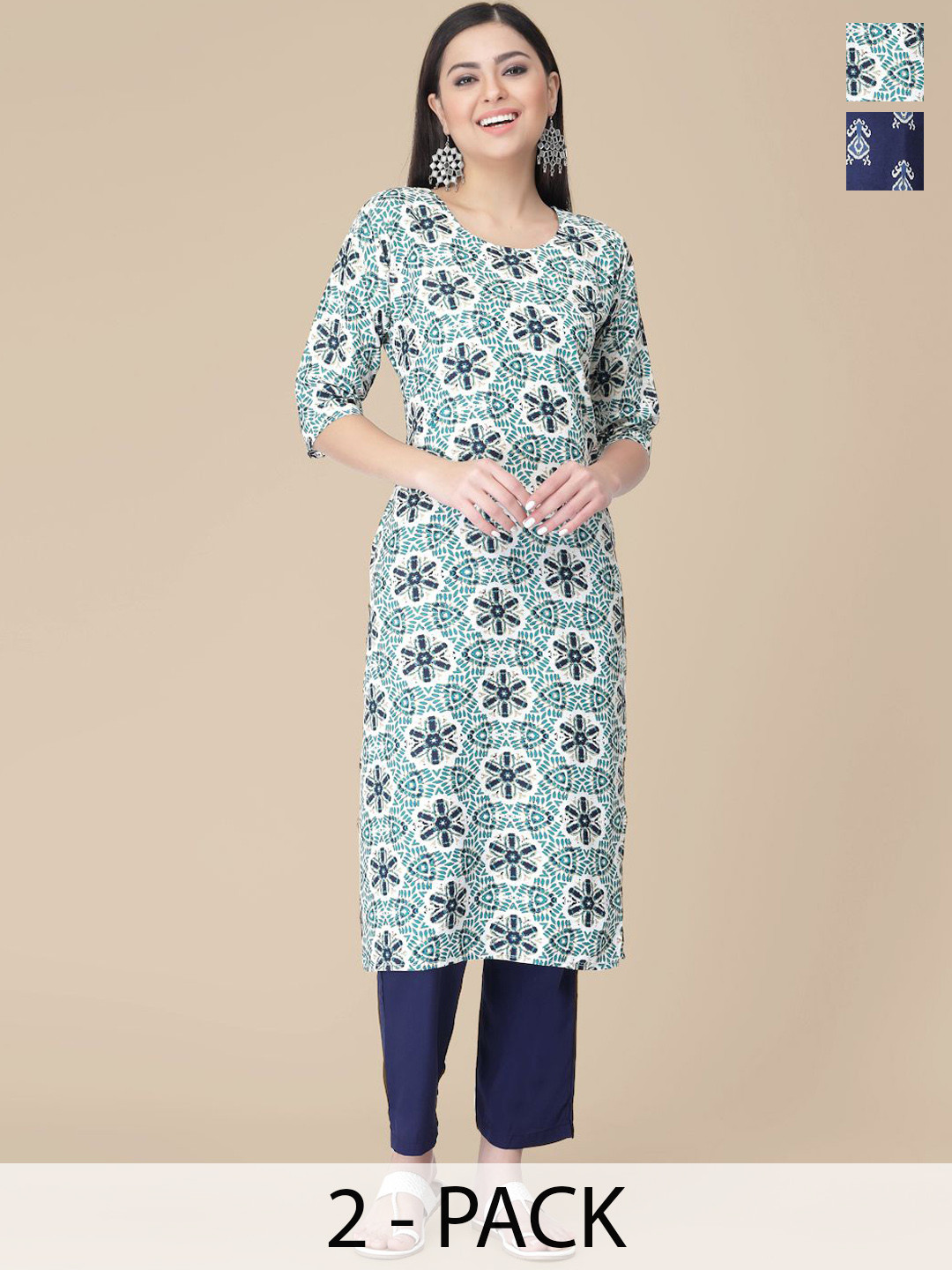 

7Threads Selection Of 2 Ethnic Motifs Printed Kurtas With Trousers, White