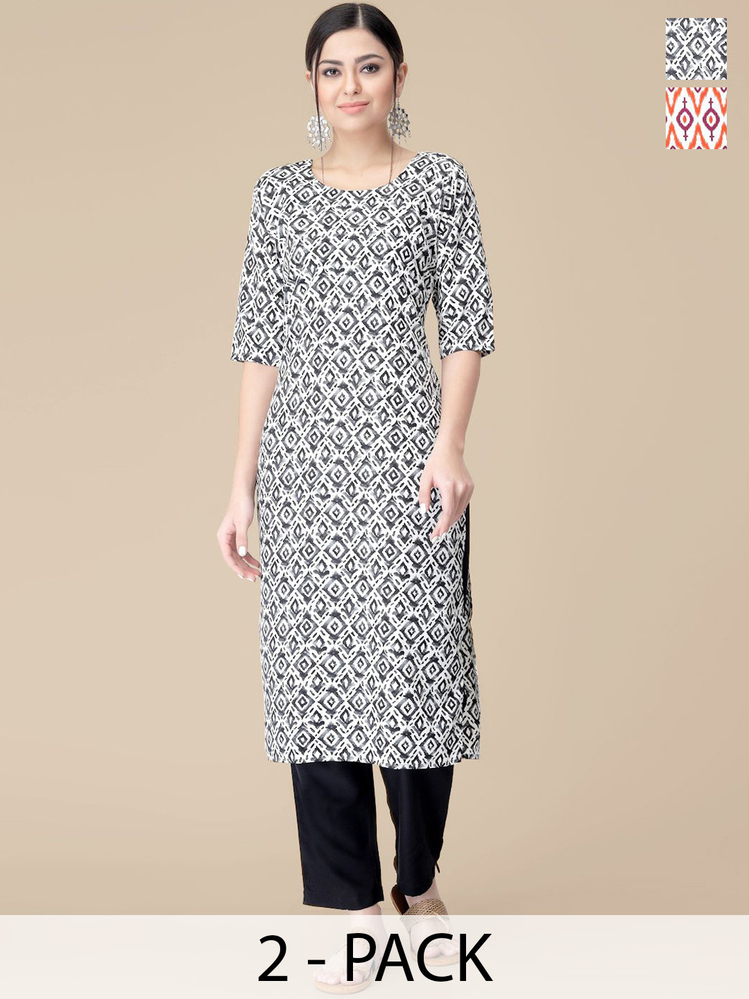 

7Threads Selection Of 2 Geometric Printed Kurtas With Trousers, White