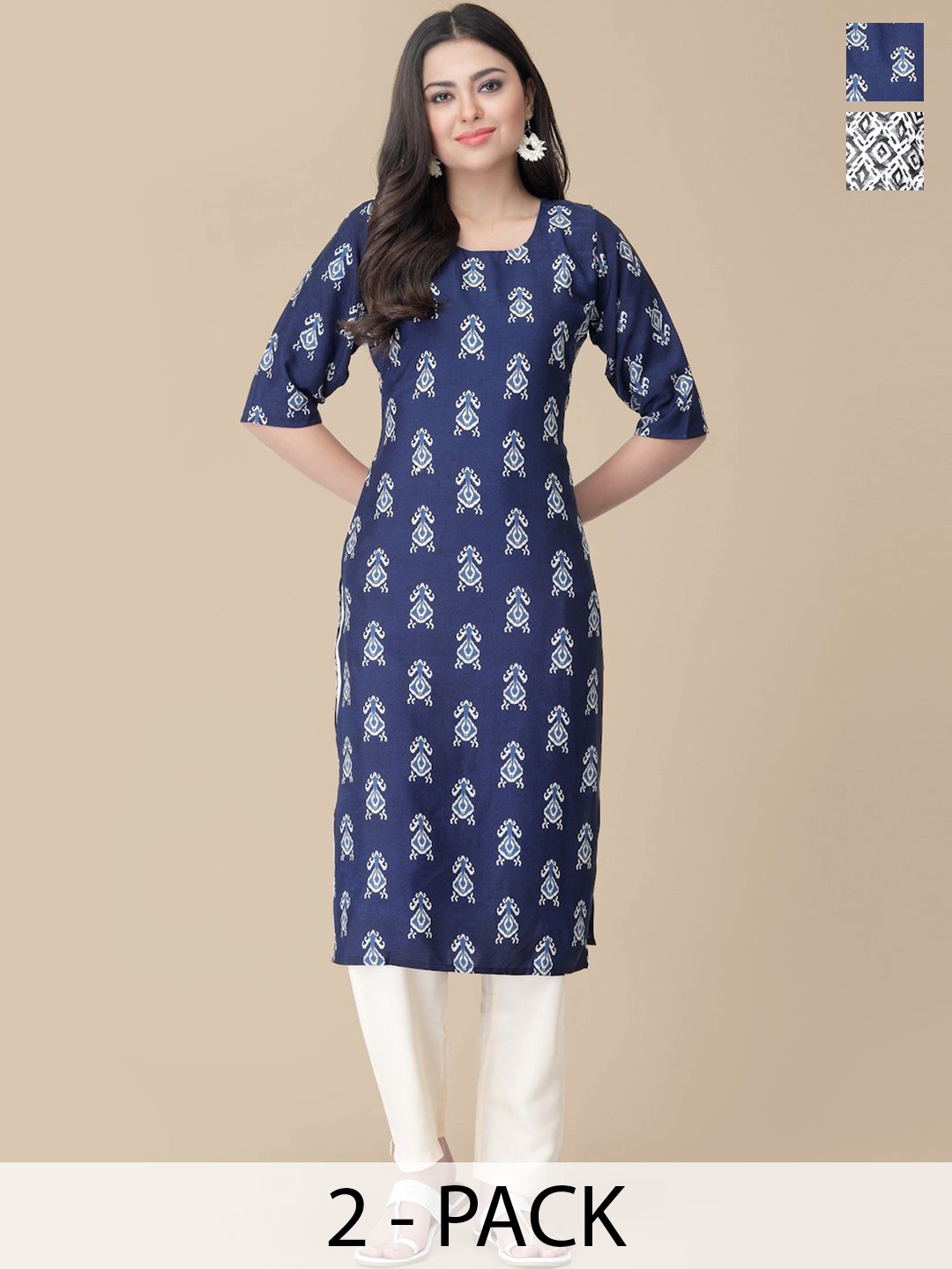 

7Threads Selection Of 2 Ethnic Motifs Printed Kurtas With Trousers, Blue