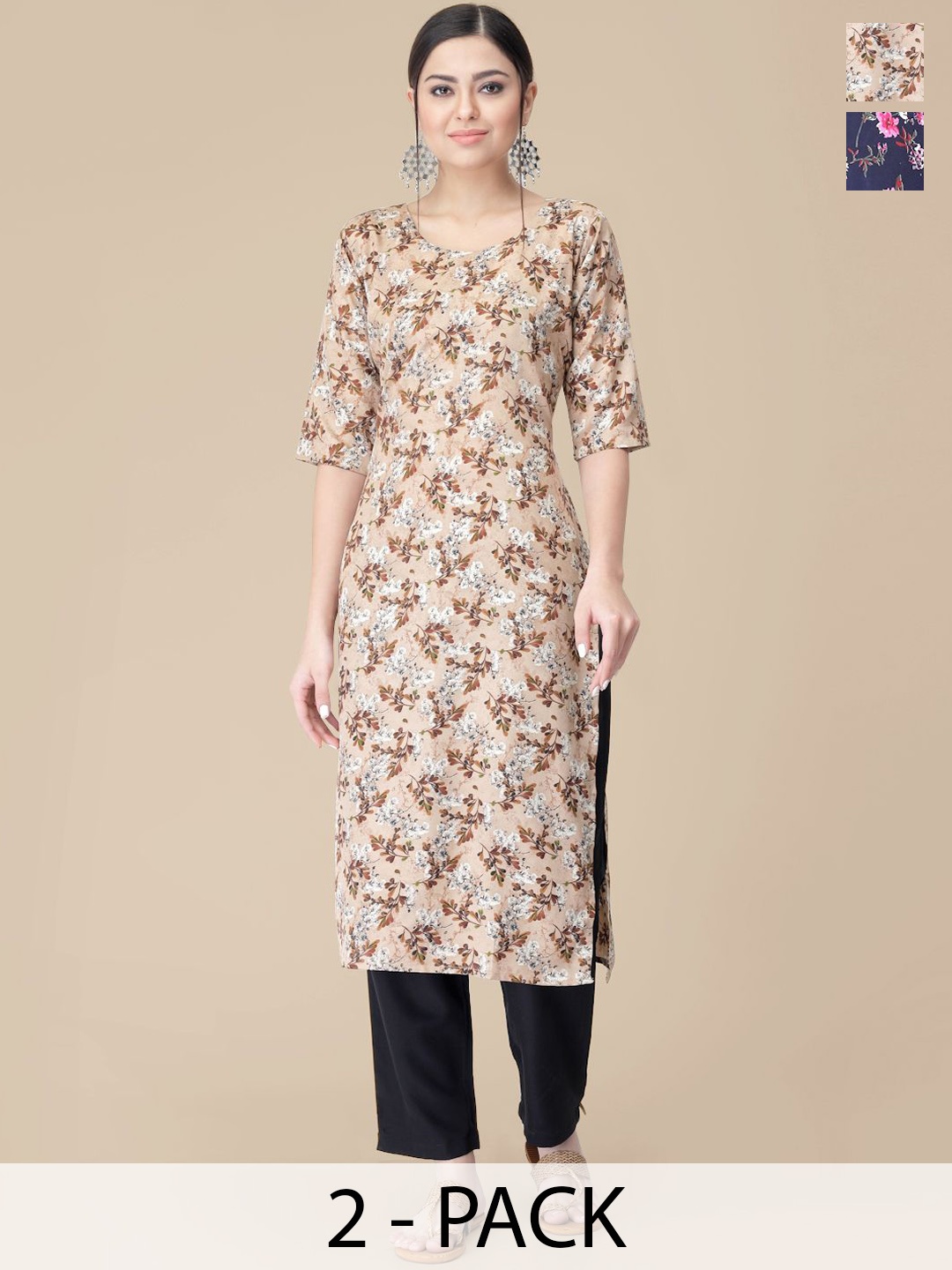 

7Threads Selection Of 2 Floral Printed Kurtas With Trousers, Beige