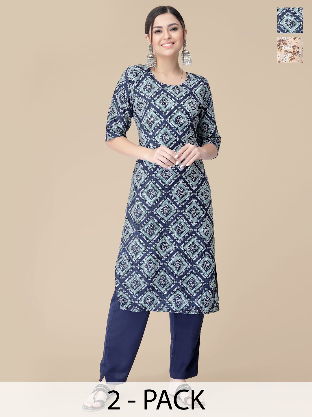 

7Threads Selection Of 2 Ethnic Motifs Printed Kurtas With Trousers, Navy blue