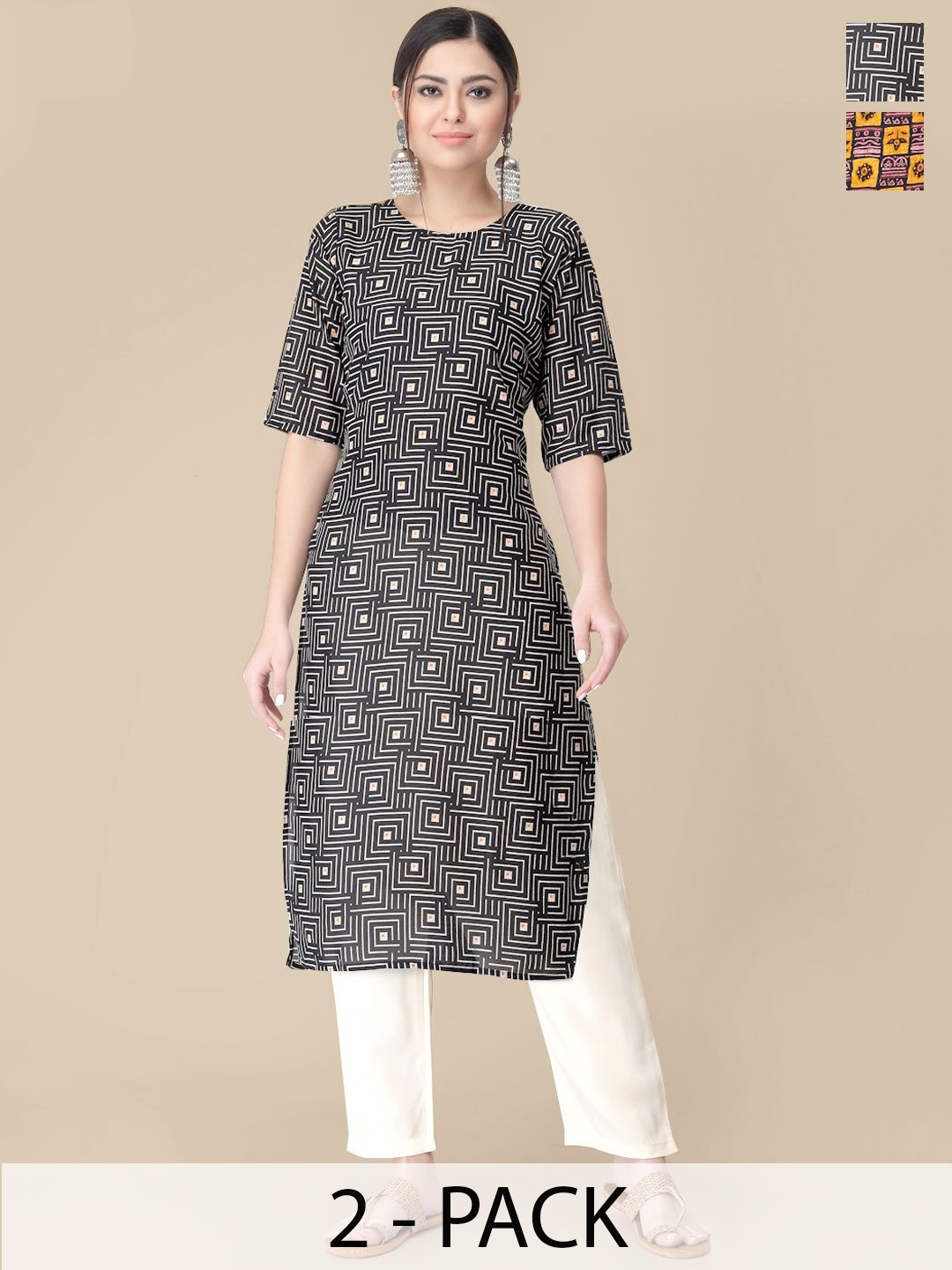 

7Threads Selection Of 2 Geometric Printed Kurtas With Trousers, Black