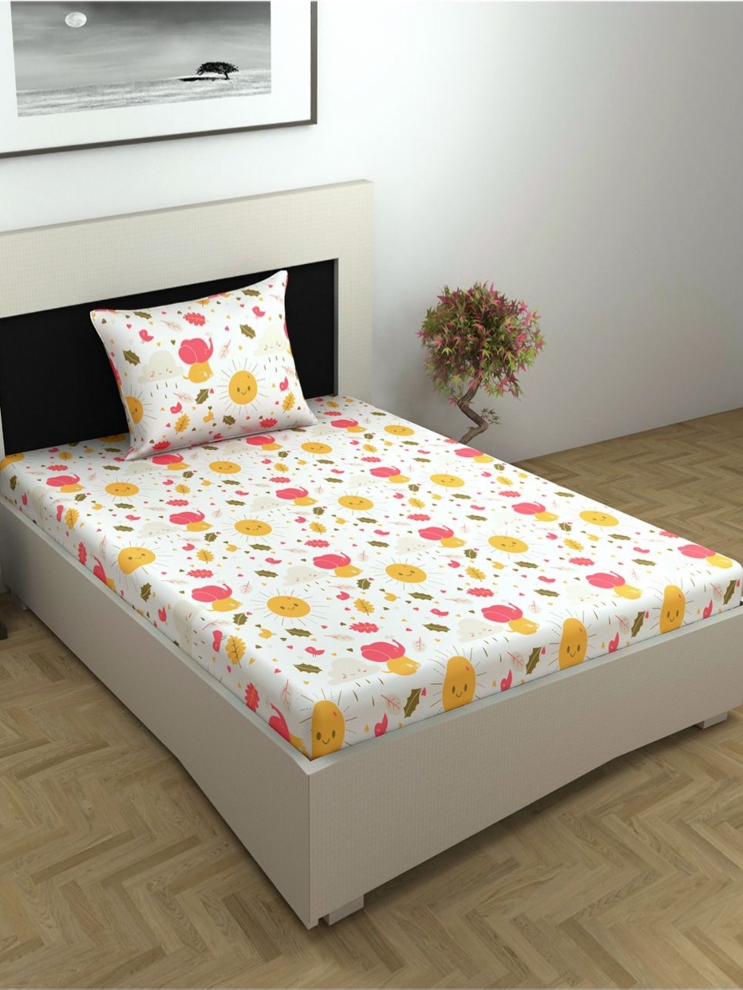 

Divine Casa Prisham White Printed 144 TC Pure Cotton Single Bedsheet Set-2.23 m x 1.45 m