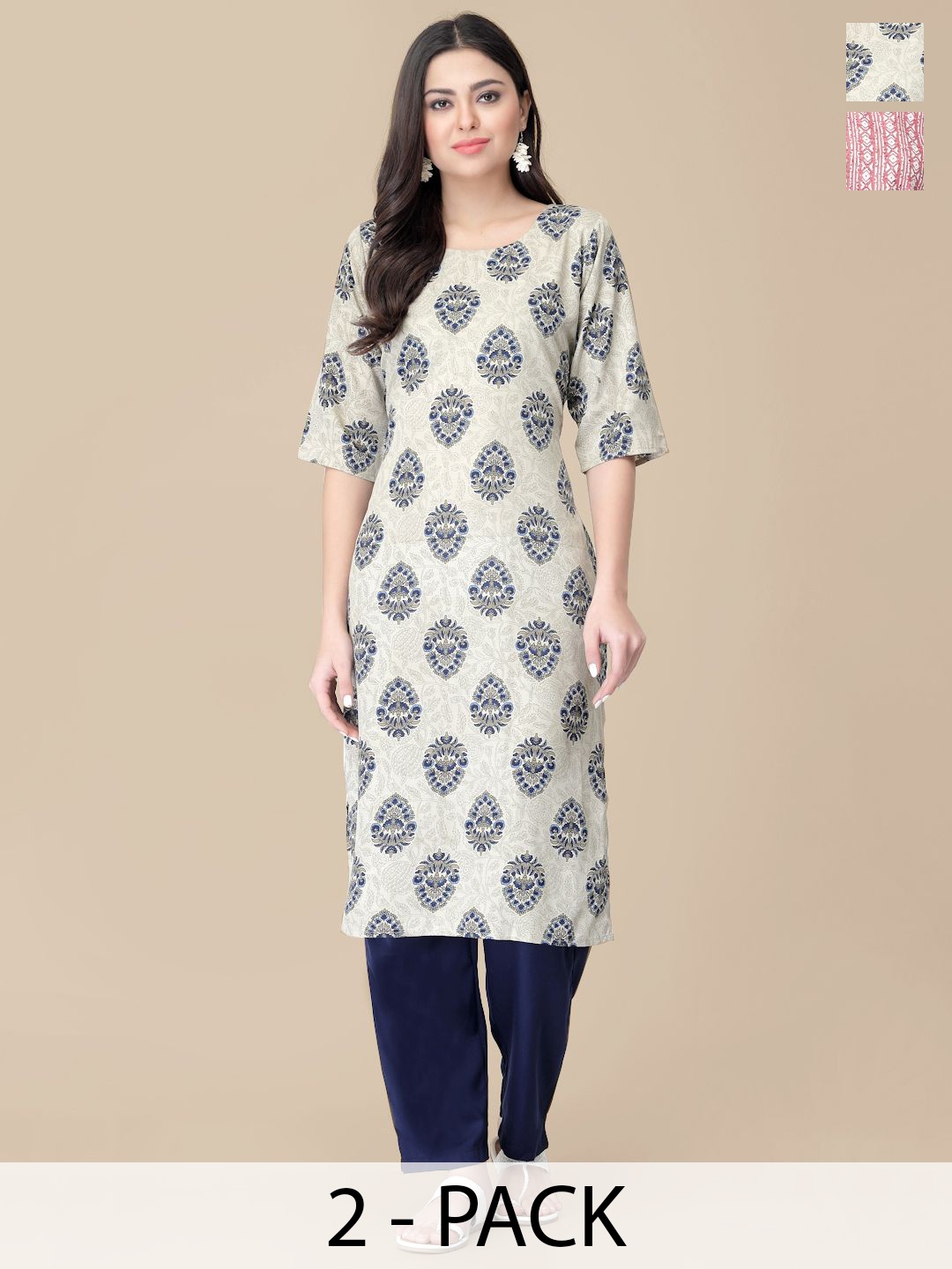 

7Threads Selection Of 2 Ethnic Motifs Printed Kurtas With Trousers, White