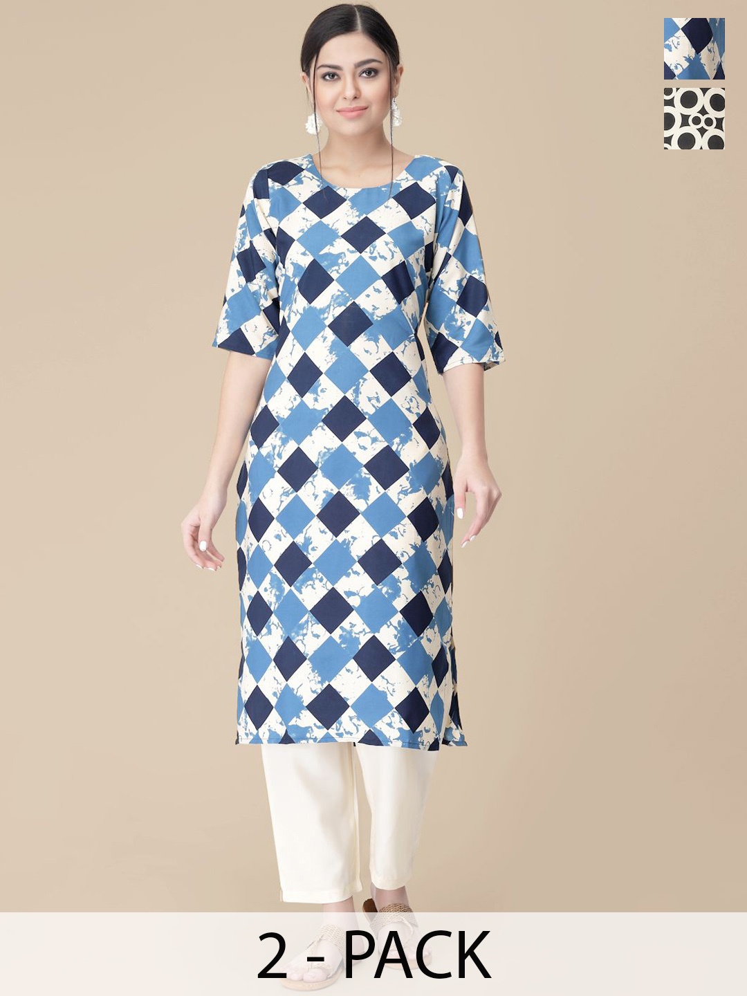 

7Threads Selection Of 2 Checked Printed Kurtas With Trousers, Blue