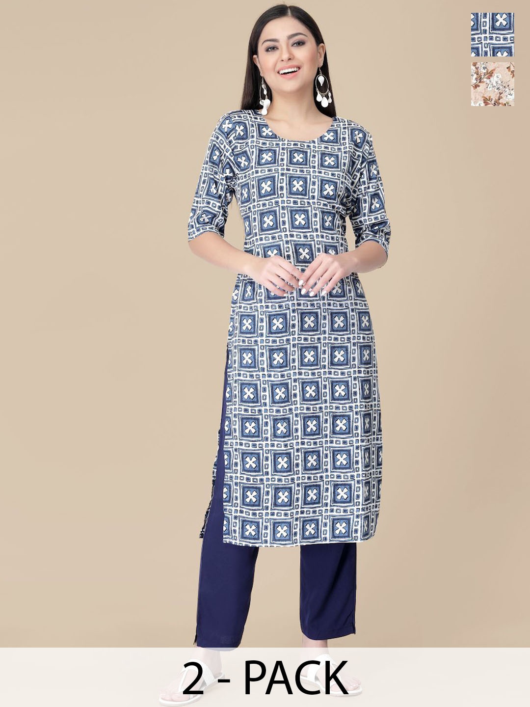 

7Threads Selection Of 2 Geometric Printed Kurtas With Trousers, Blue