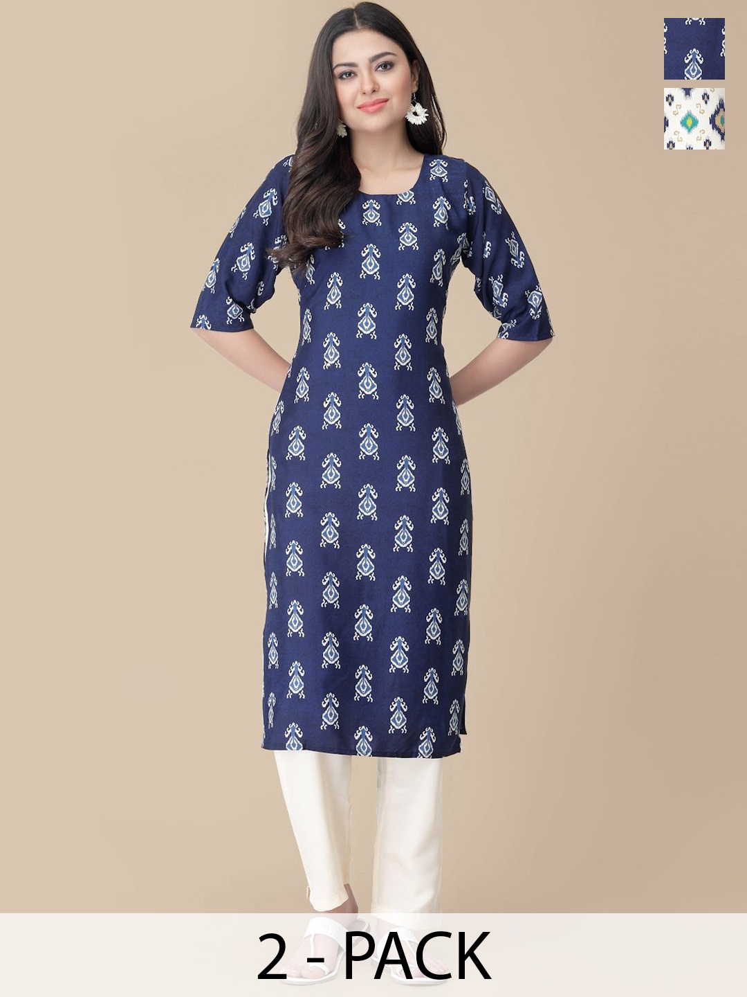 

7Threads Selection Of 2 Ethnic Motifs Printed Kurtas With Trousers, Navy blue