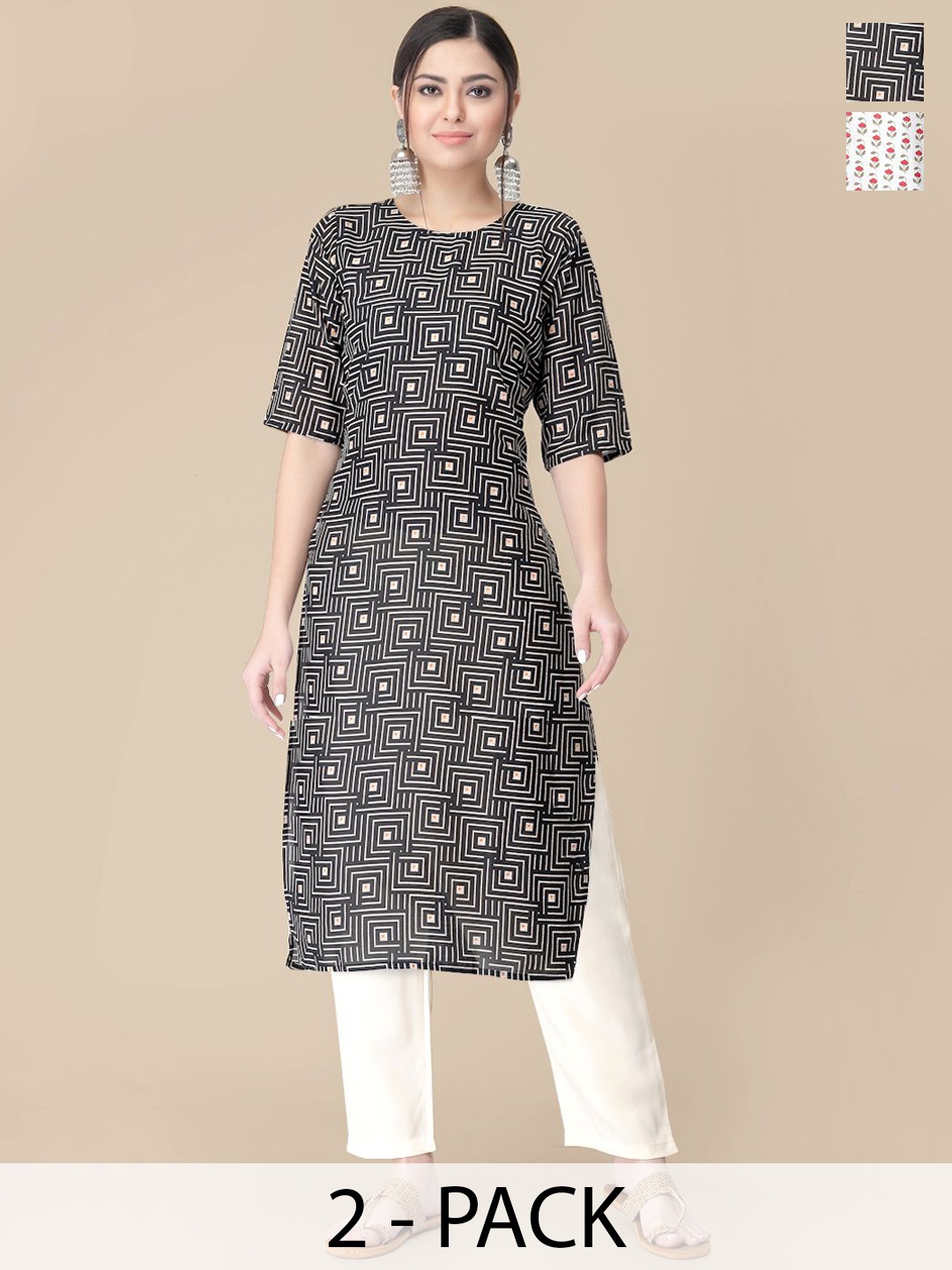 

7Threads Selection Of 2 Geometric Printed Kurtas With Trousers, Black