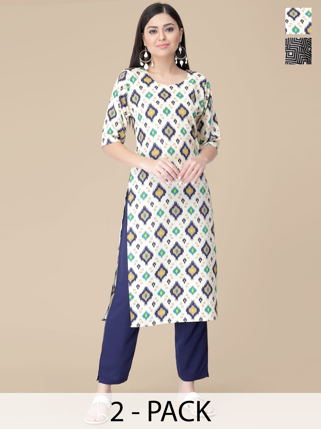 

7Threads Selection Of 2 Ethnic Motifs Printed Kurtas With Trousers, White