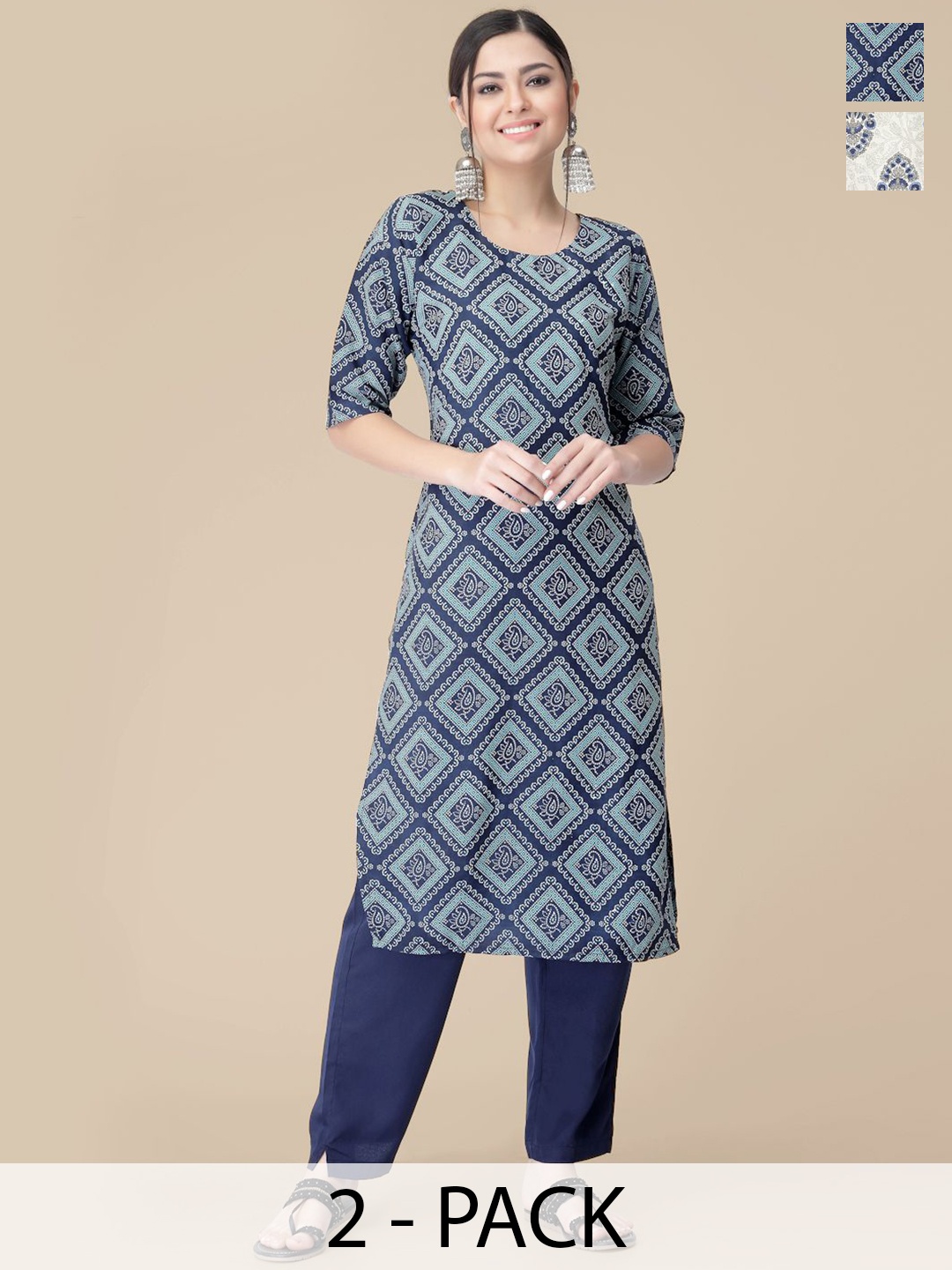 

7Threads Selection Of 2 Ethnic Motifs Printed Kurtas With Trousers, Navy blue