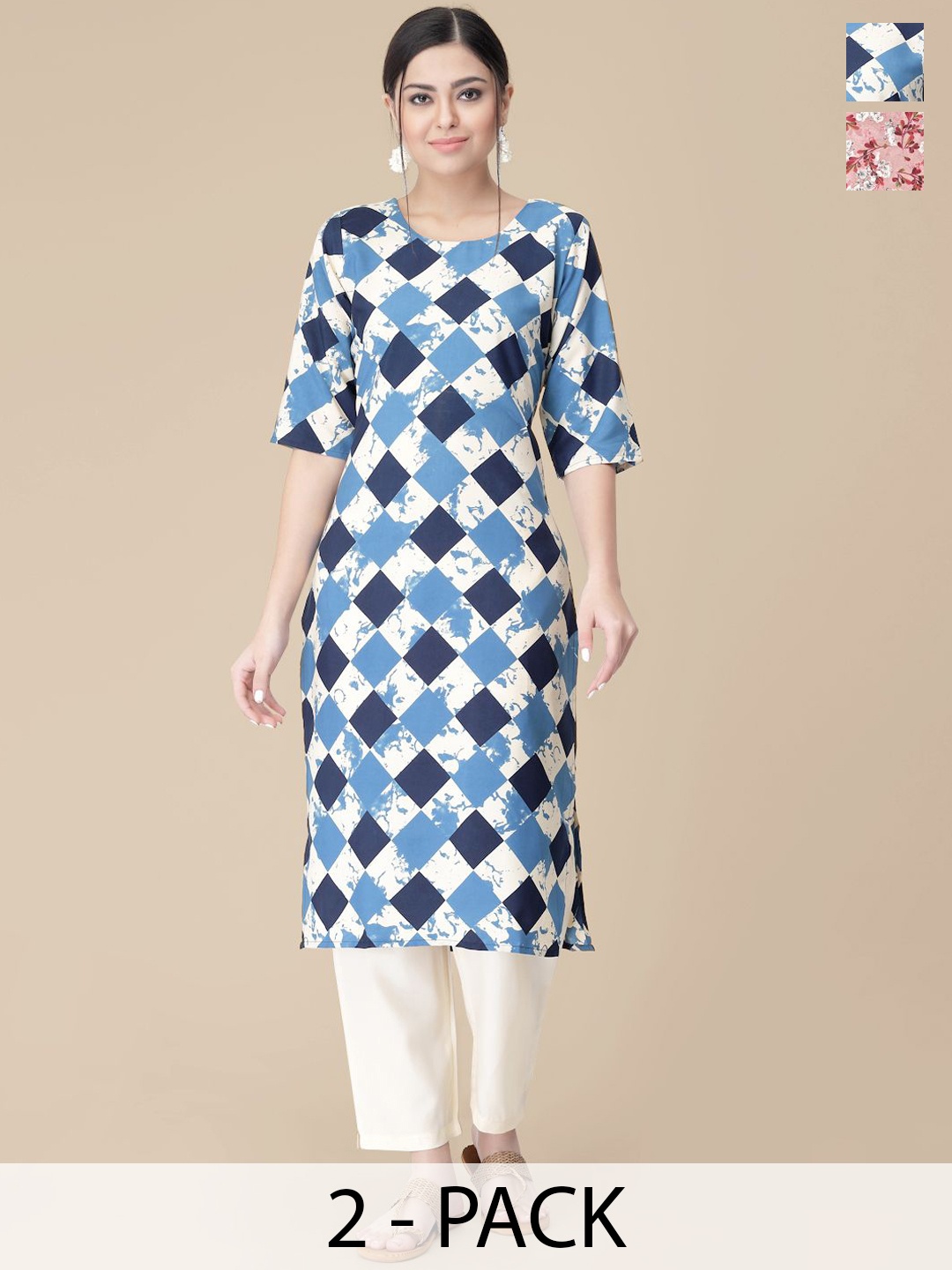 

7Threads Selection Of 2 Checked Printed Kurtas With Trousers, White