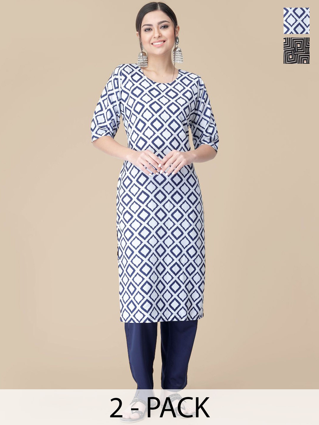 

7Threads Selection Of 2 Geometric Printed Kurtas With Trousers, Blue