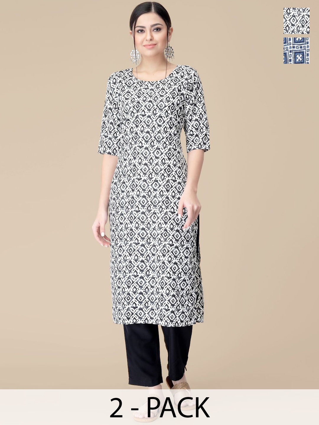 

7Threads Selection Of 2 Geometric Printed Kurtas With Trousers, White