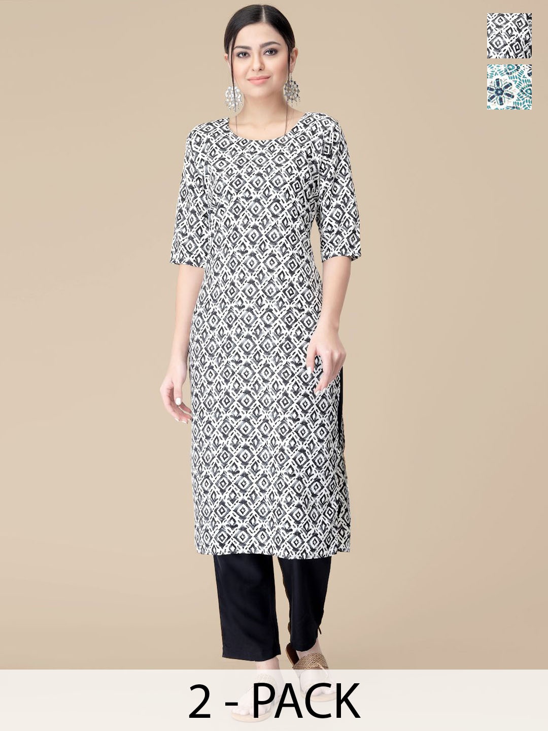 

7Threads Selection Of 2 Geometric Printed Kurtas With Trousers, White