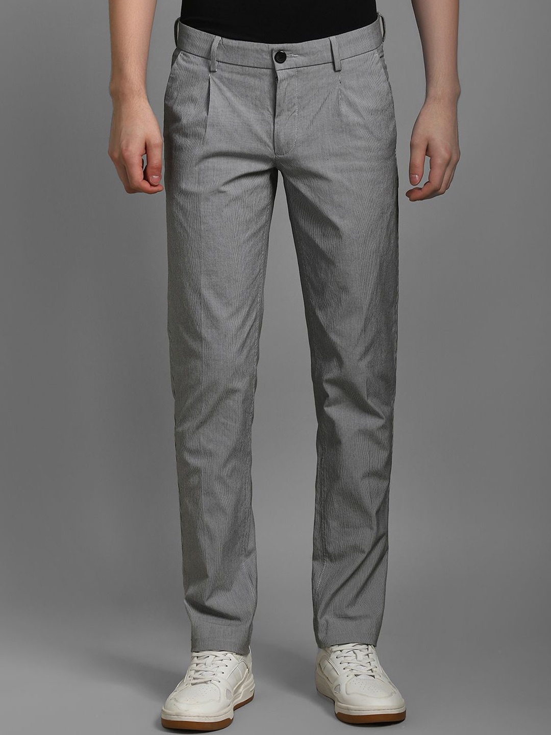 

Louis Philippe Sport Men Cotton Striped Slim Fit Low-Rise Pleated Trousers, Grey
