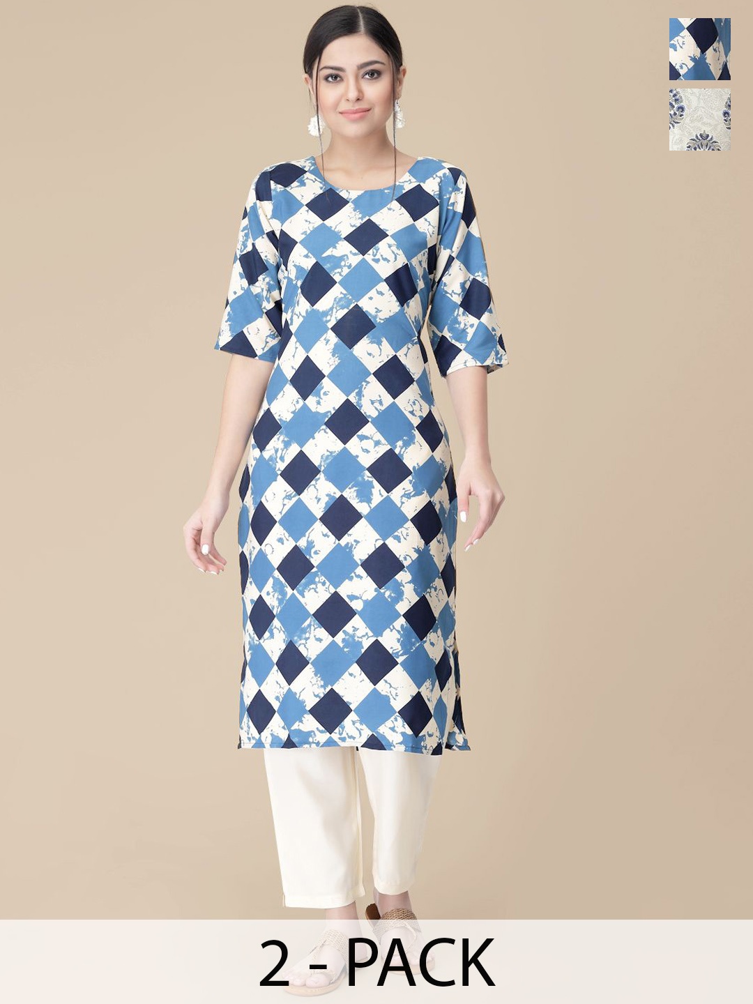 

7Threads Selection Of 2 Geometric Printed Straight Kurta With Trousers, Blue