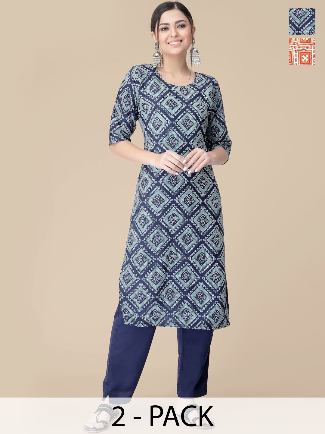 

7Threads Selection Of 2 Ethnic Motifs Printed Straight Kurta With Trousers, Navy blue