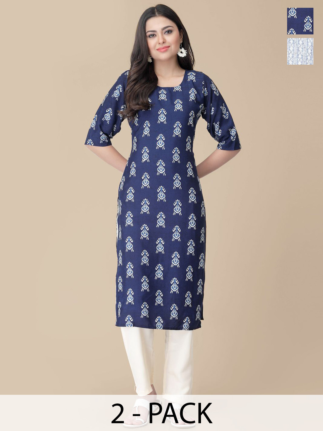 

7Threads Selection Of 2 Ethnic Motifs Printed Straight Kurta With Trousers, Navy blue