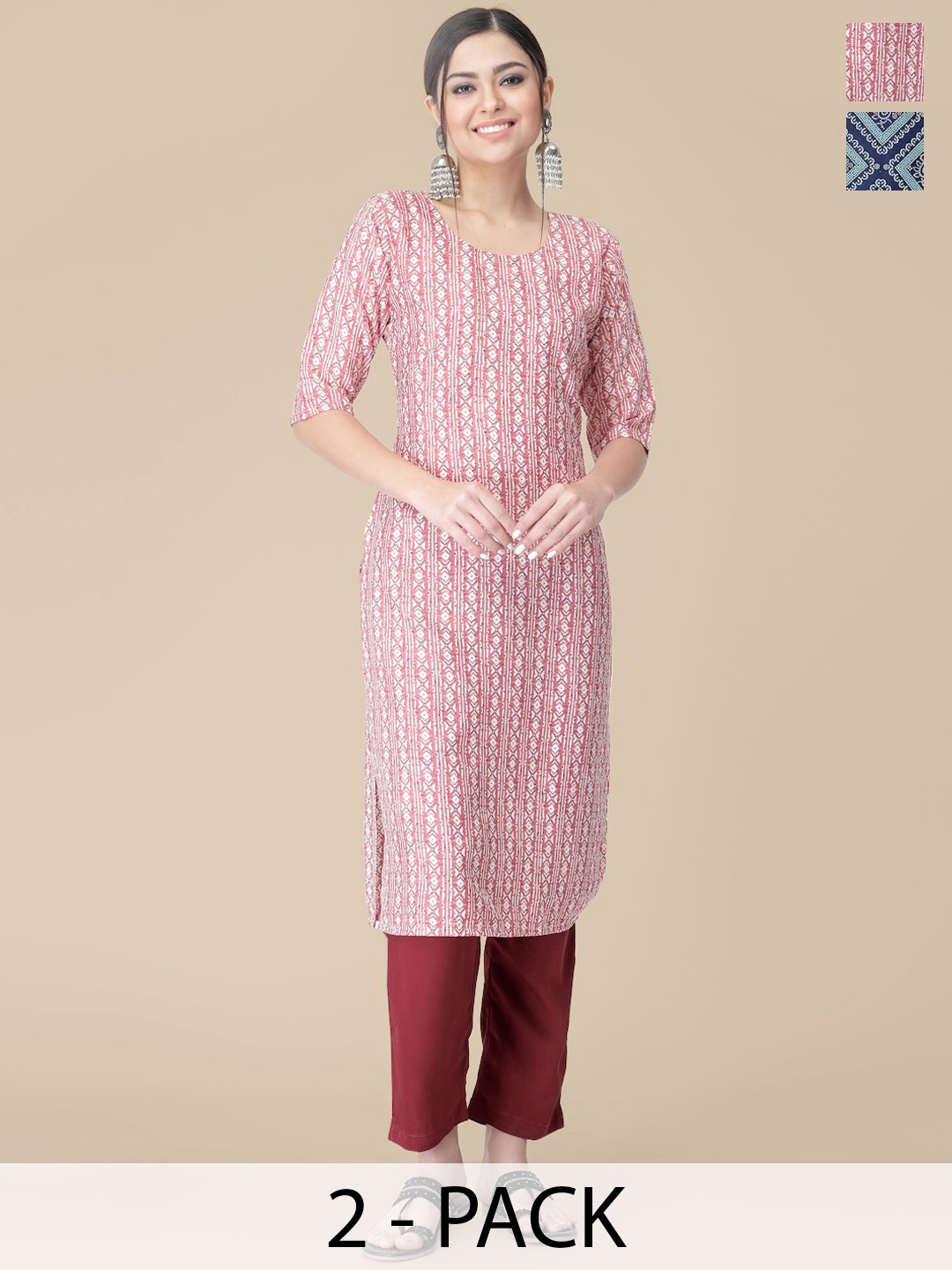 

7Threads Selection Of 2 Geometric Printed Straight Kurta With Trousers, Pink