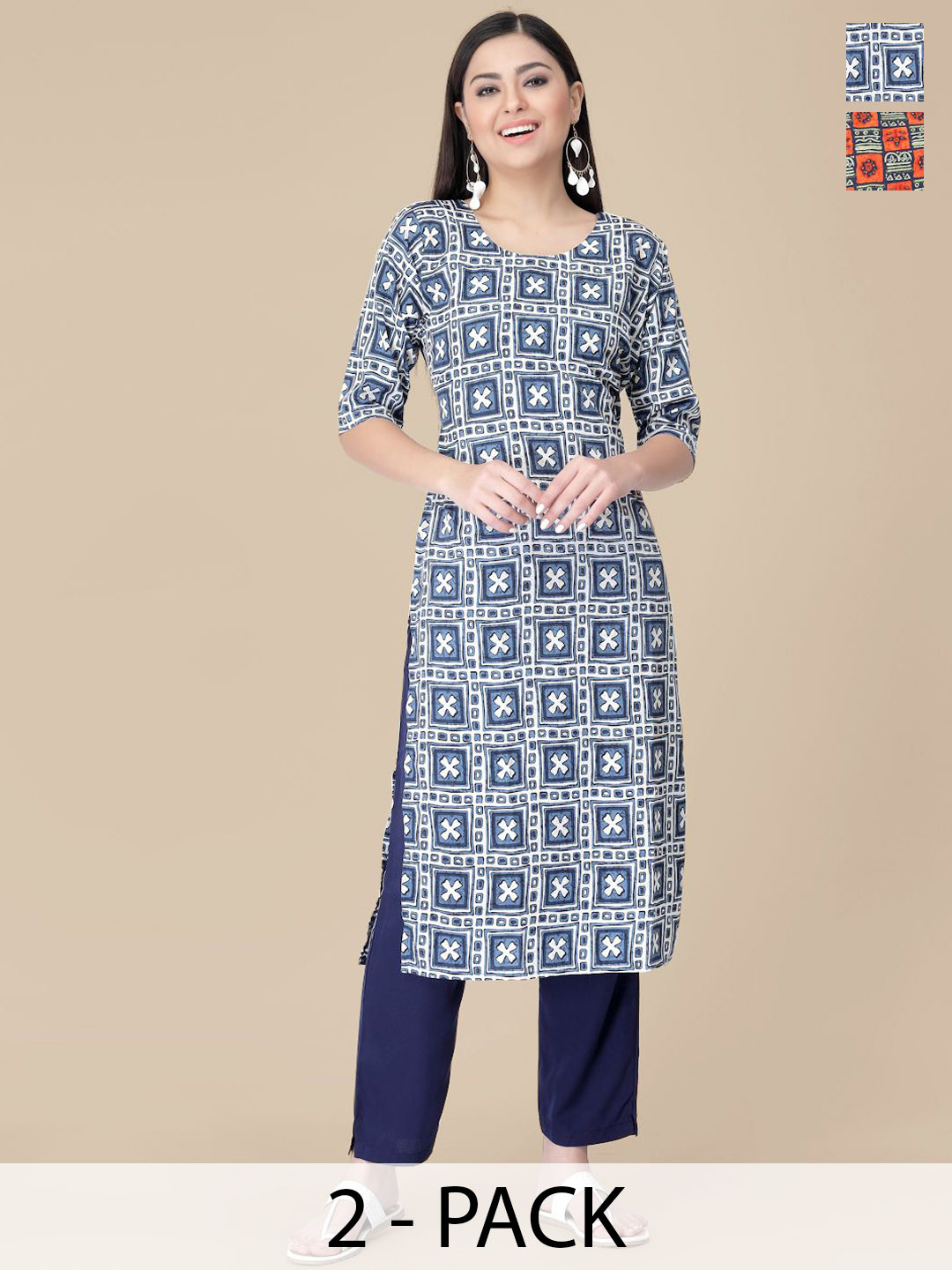 

7Threads Selection Of 2 Ethnic Motifs Printed Straight Kurta With Trousers, Blue