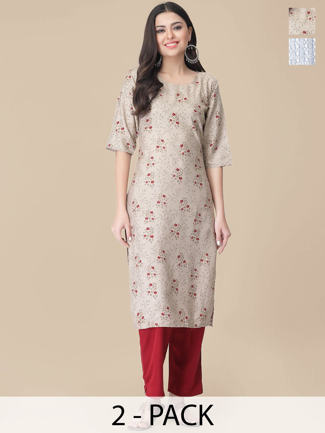 

7Threads Selection Of 2 Floral Printed Straight Kurta With Trousers, Beige
