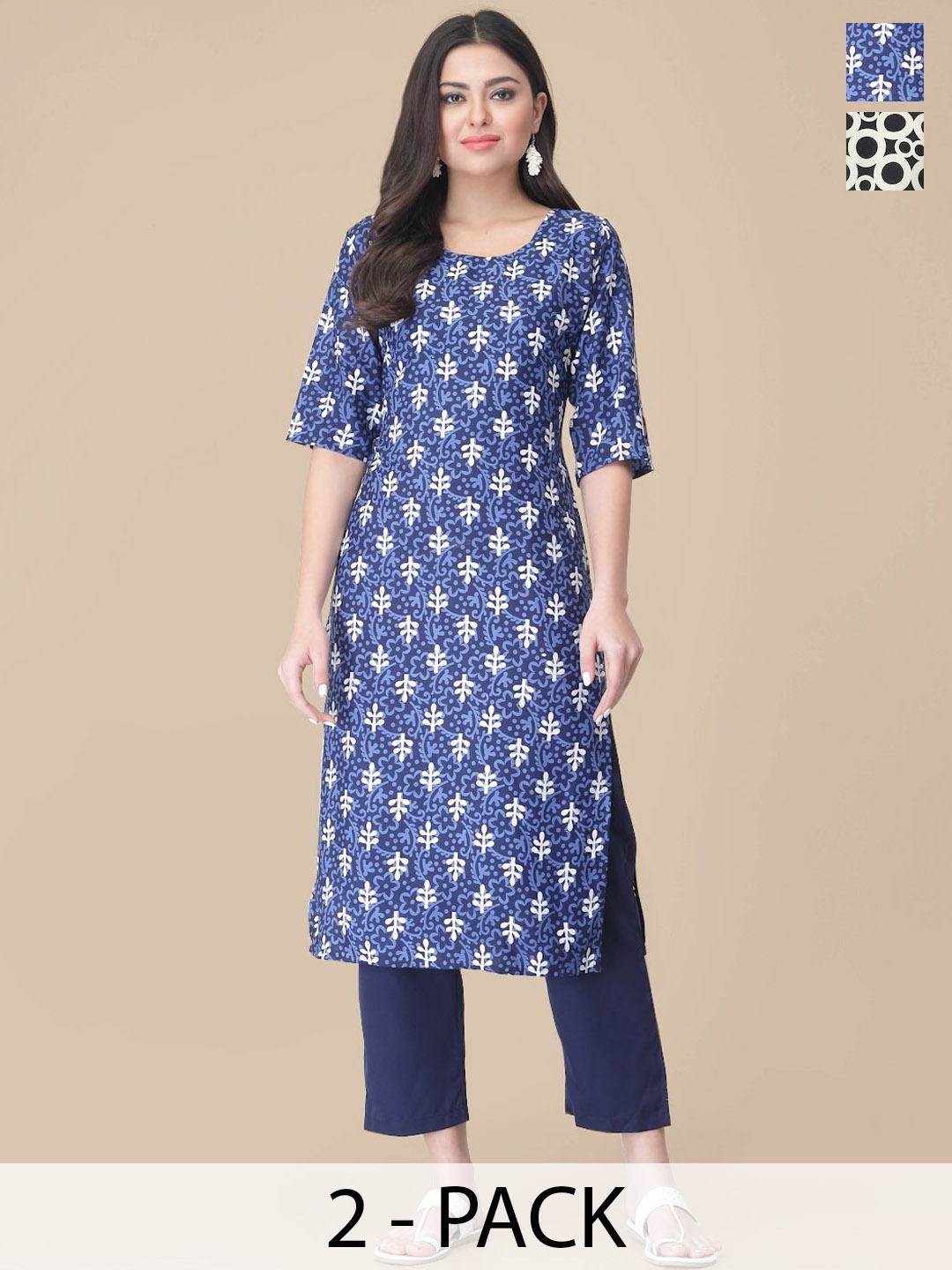 

7Threads Selection Of 2 Ethnic Motifs Printed Straight Kurta With Trousers, Blue