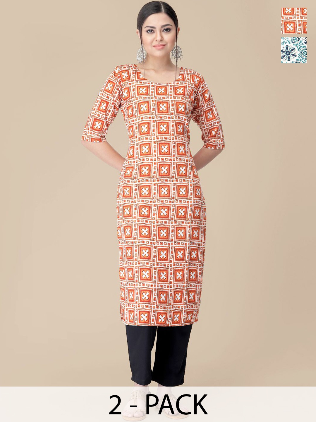 

7Threads Selection Of 2 Ethnic Motifs Printed Straight Kurta With Trousers, Orange