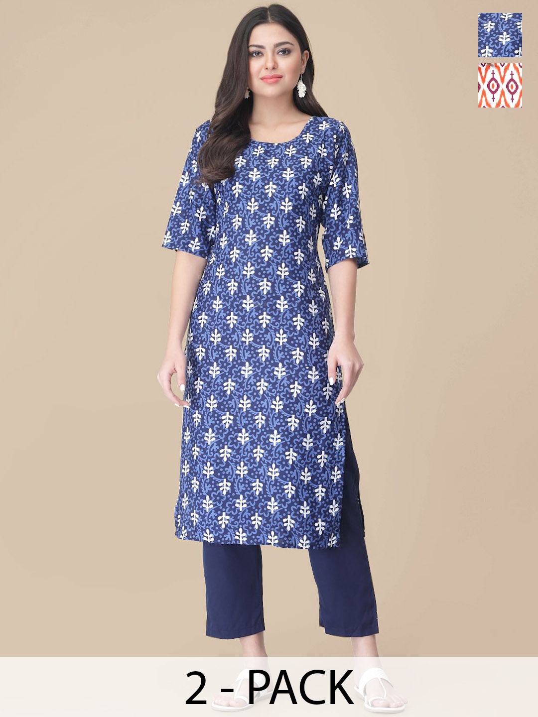 

7Threads Selection Of 2 Floral Printed Straight Kurta With Trousers, Blue