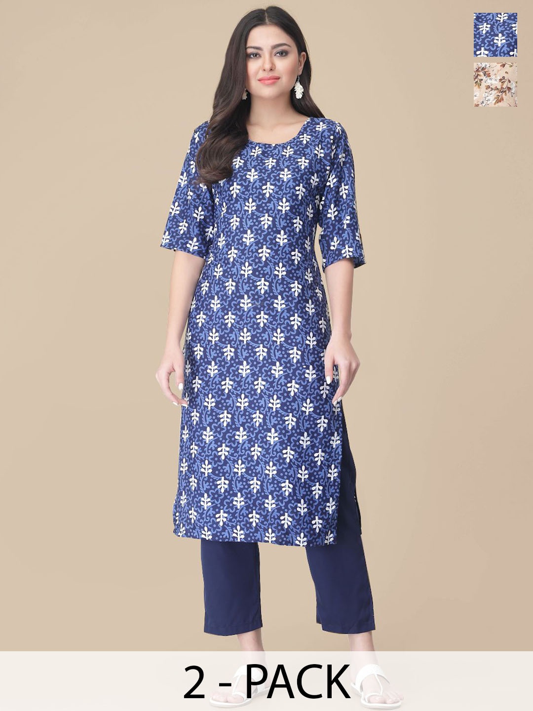 

7Threads Selection Of 2 Floral Printed Straight Kurta With Trousers, Blue