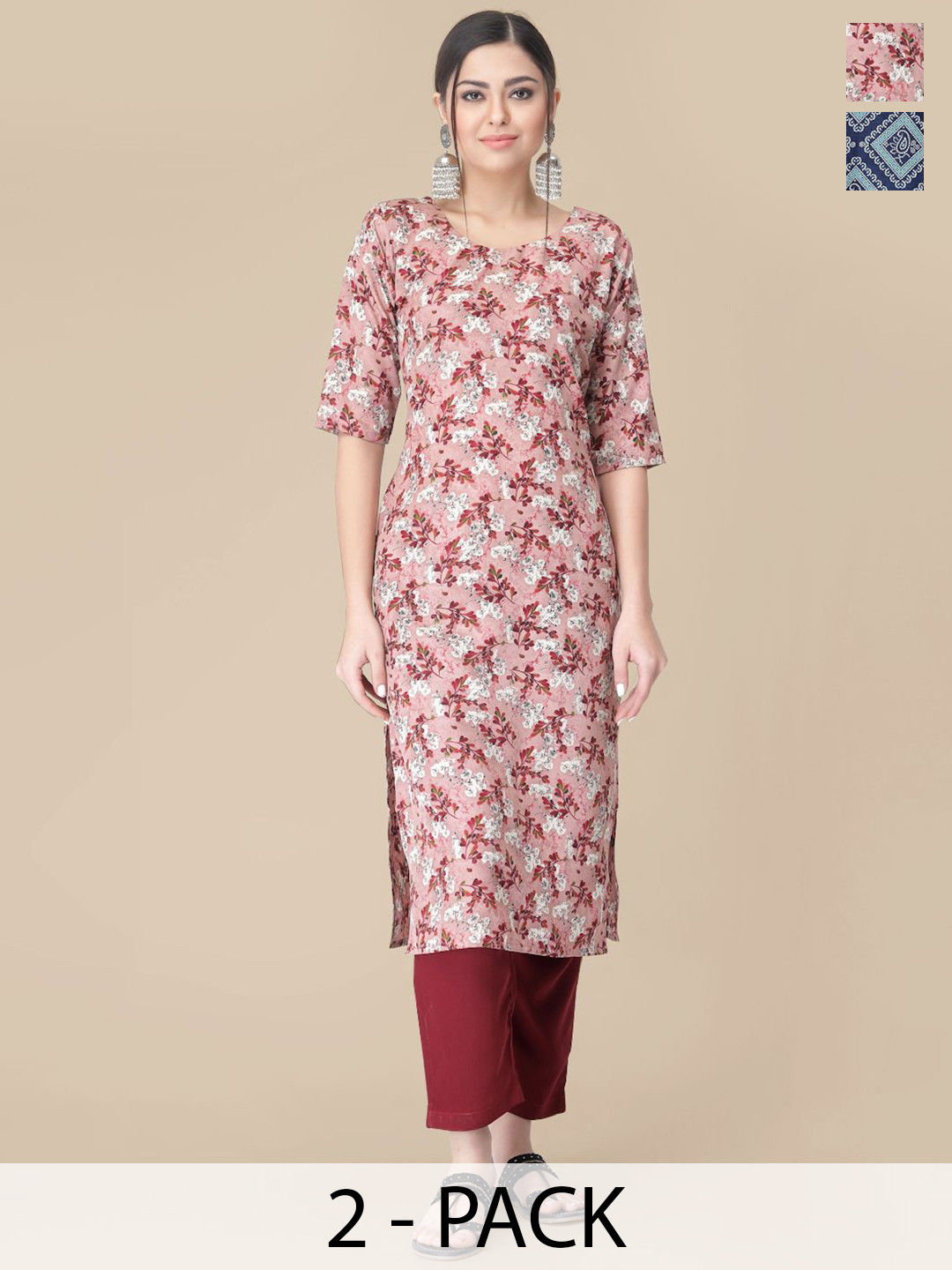 

7Threads Selection Of 2 Floral Printed Straight Kurta With Trousers, Pink