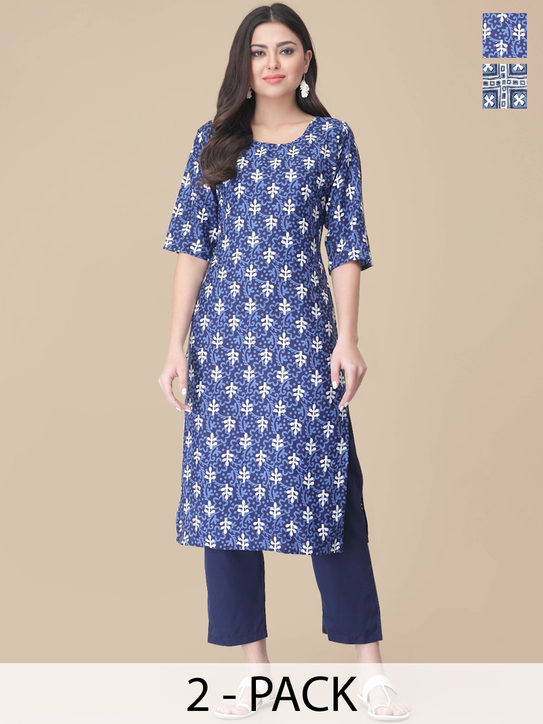 

7Threads Selection Of 2 Floral Printed Straight Kurta With Trousers, Blue