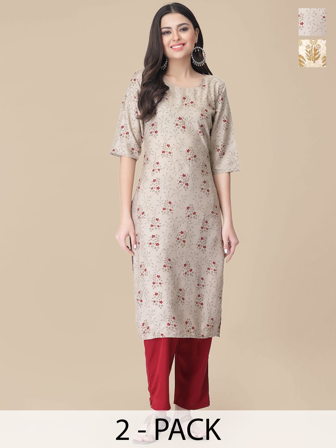 

7Threads Selection Of 2 Floral Printed Straight Kurta With Trousers, Beige