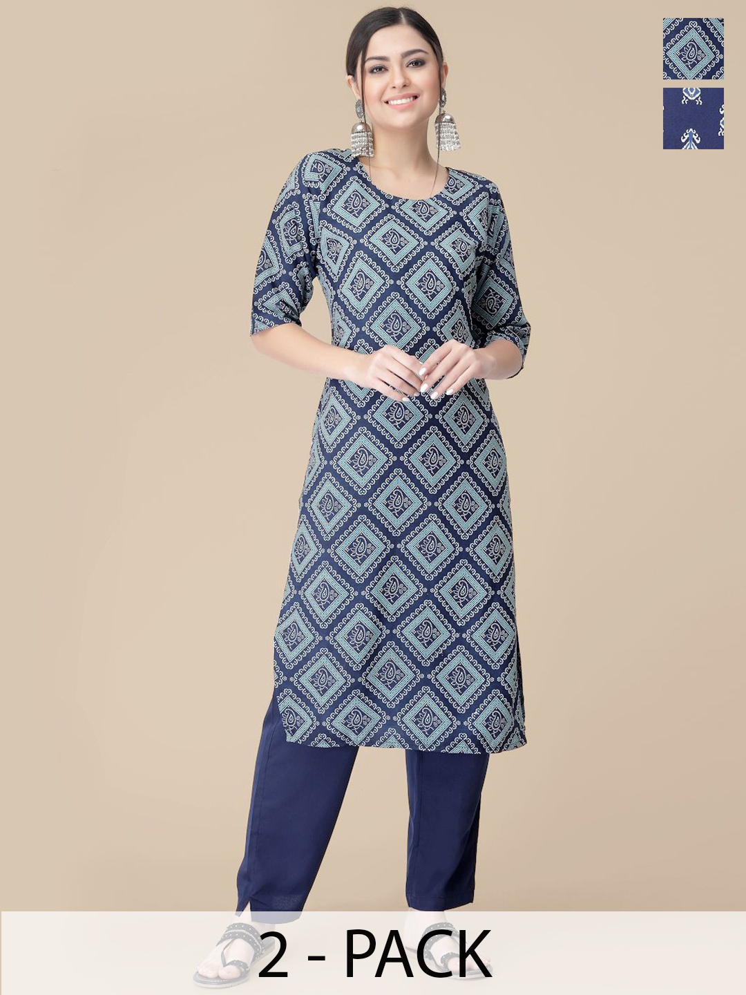 

7Threads Selection Of 2 Ethnic Motifs Printed Straight Kurta With Trousers, Blue