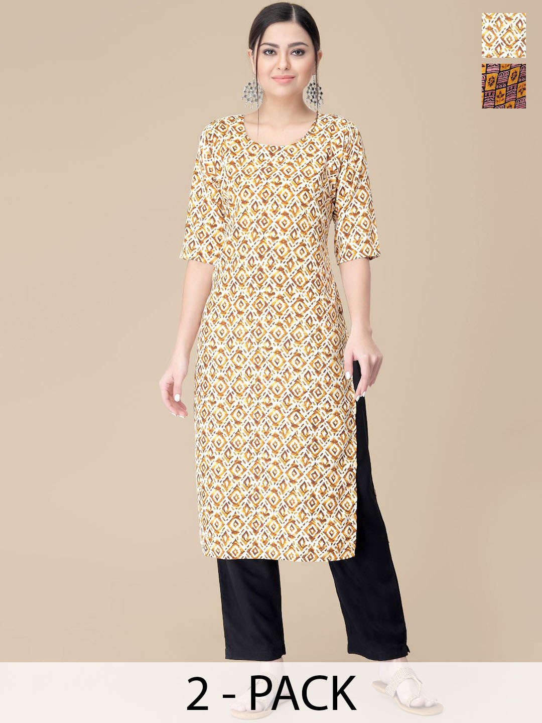 

7Threads Selection Of 2 Ethnic Motifs Printed Straight Kurta With Trousers, Beige