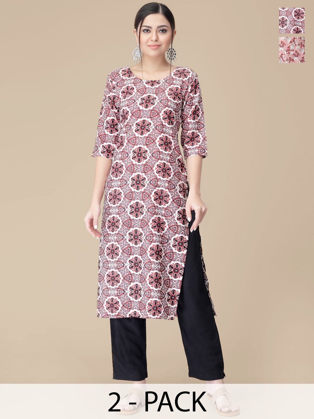 

7Threads Selection Of 2 Ethnic Motifs Printed Straight Kurta With Trousers, Pink