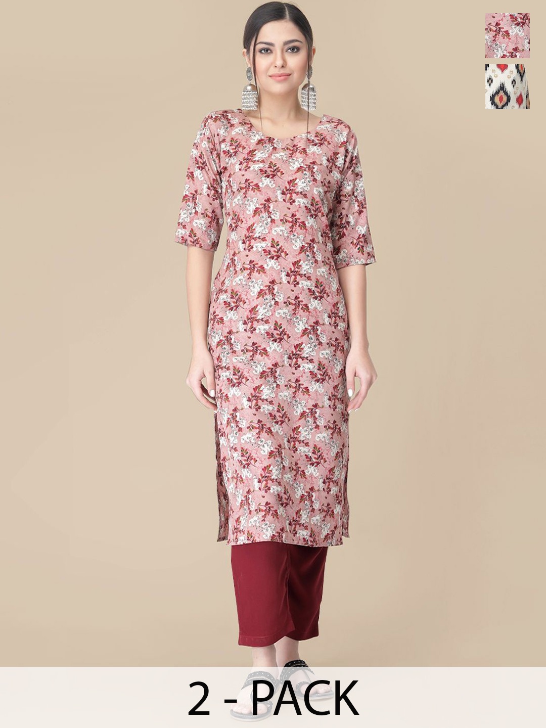 

7Threads Selection Of 2 Floral Printed Straight Kurta With Trousers, Pink