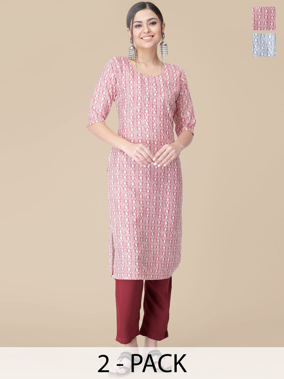 

7Threads Selection Of 2 Geometric Printed Straight Kurta With Trousers, White