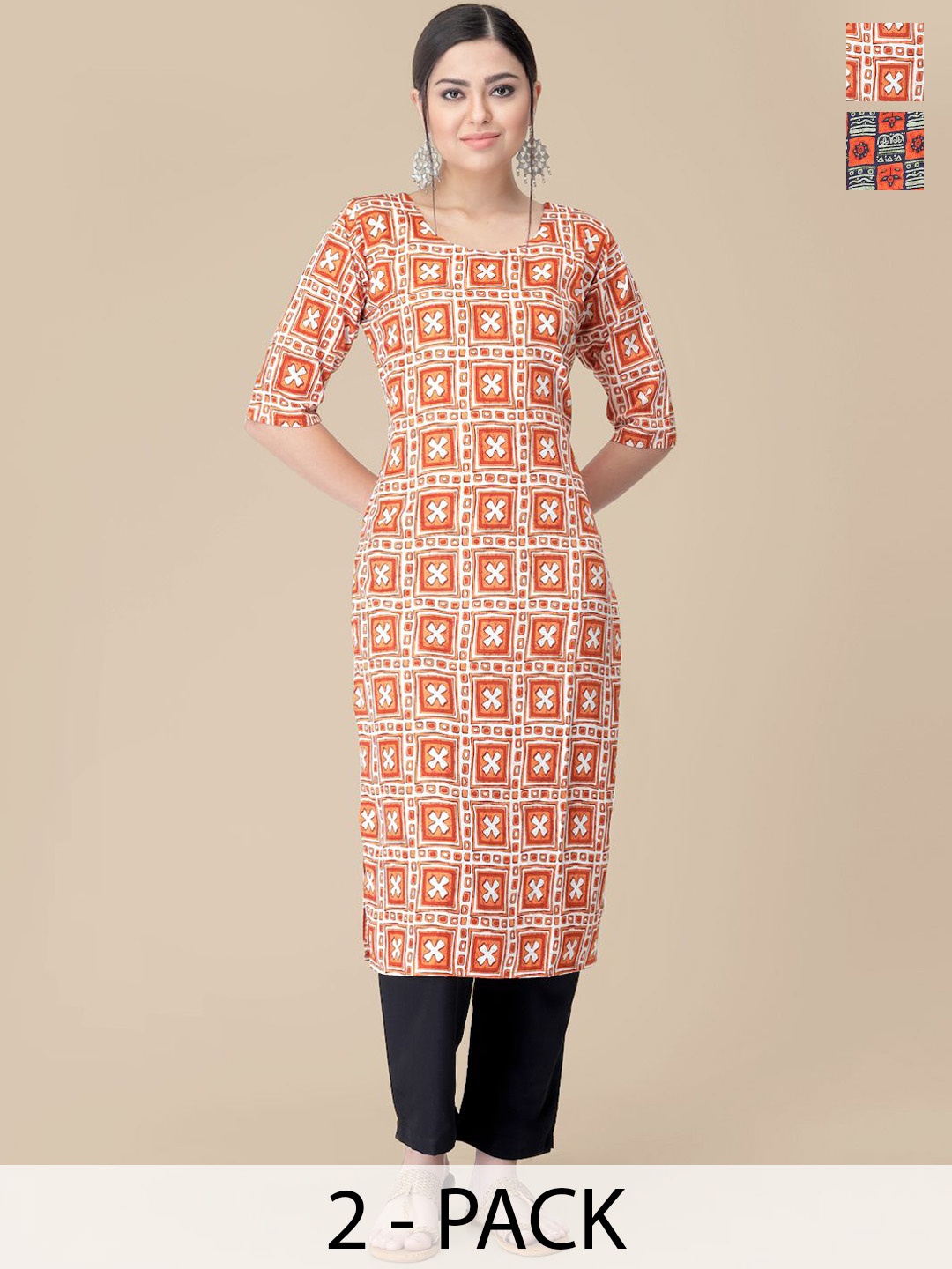 

7Threads Selection Of 2 Ethnic Motifs Printed Straight Kurta With Trousers, Orange