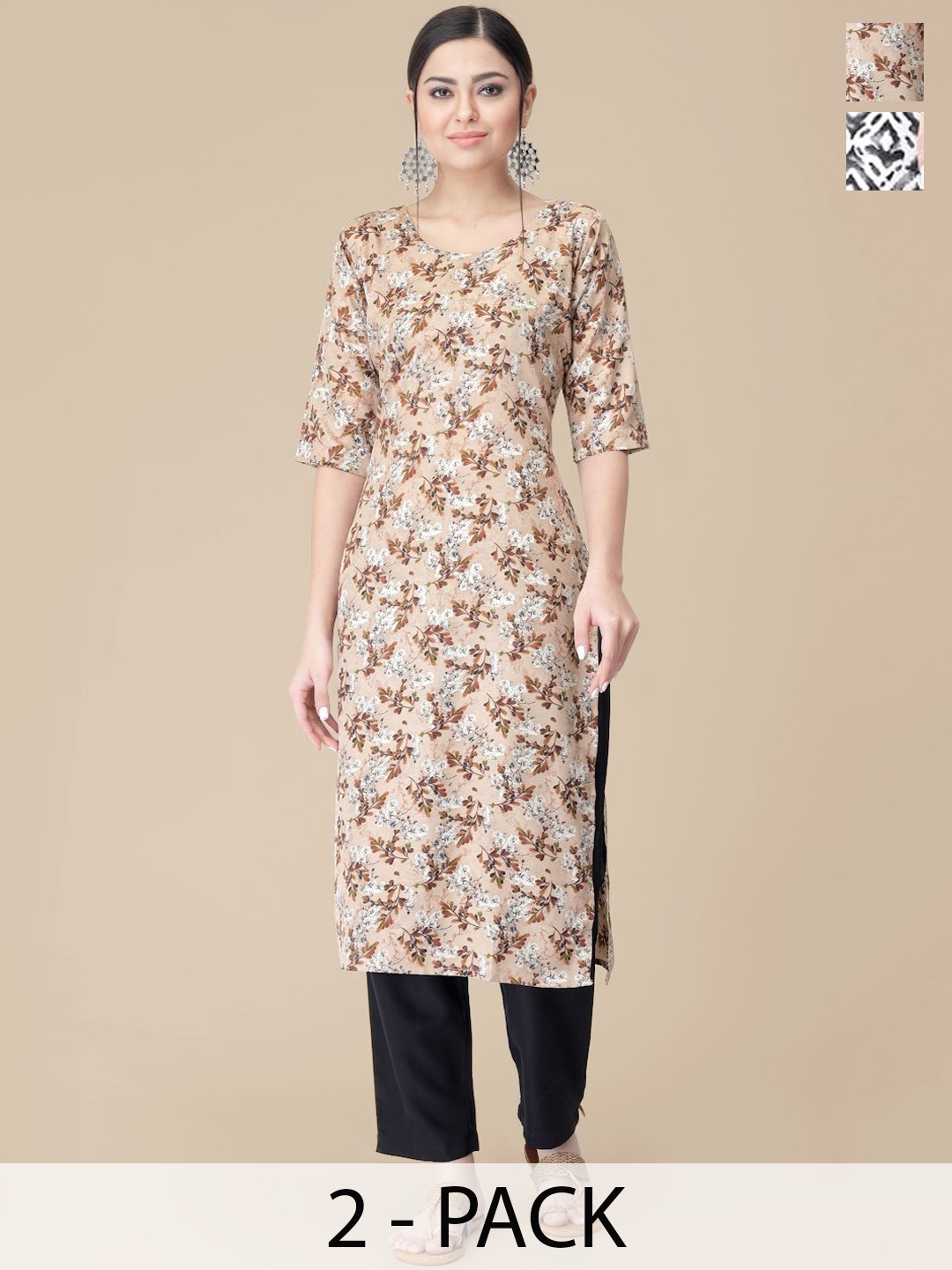 

7Threads Selection Of 2 Ethnic Motifs Printed Straight Kurta With Trousers, Beige