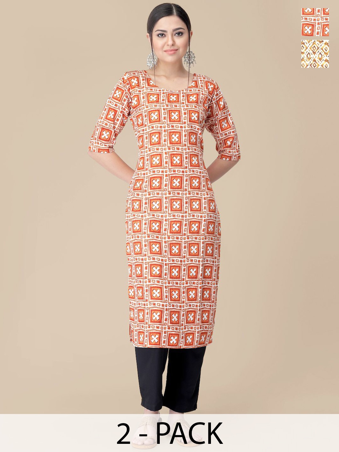 

7Threads Selection Of 2 Ethnic Motifs Printed Straight Kurta With Trousers, Orange