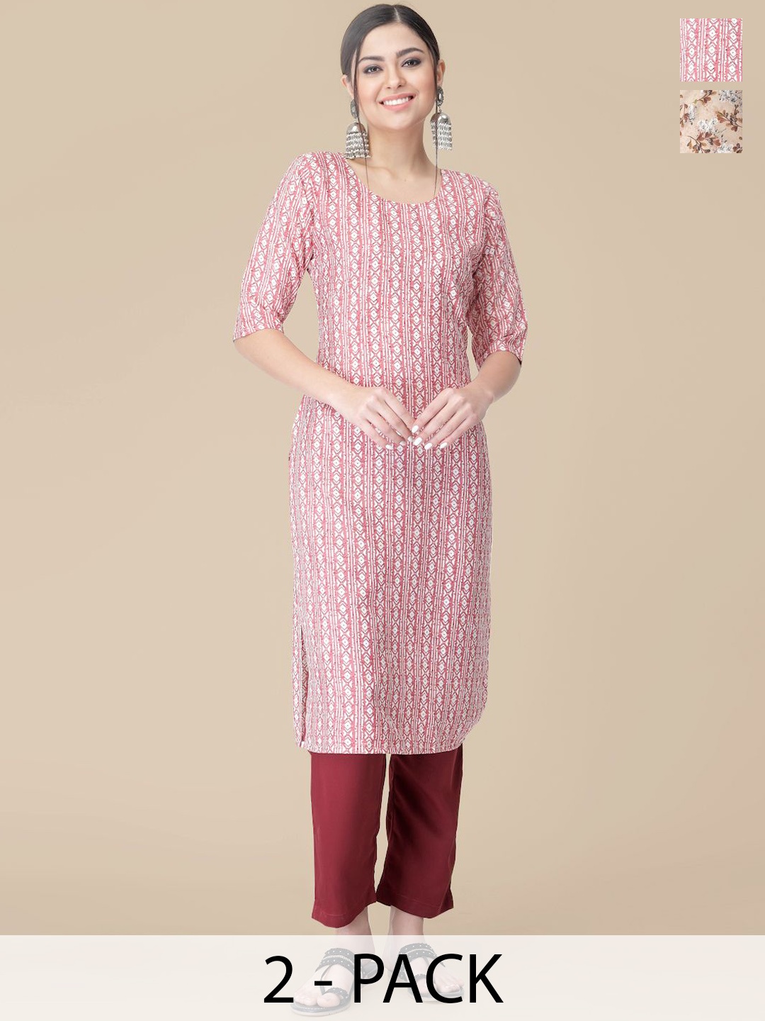 

7Threads Selection Of 2 Geometric Printed Straight Kurta With Trousers, Beige