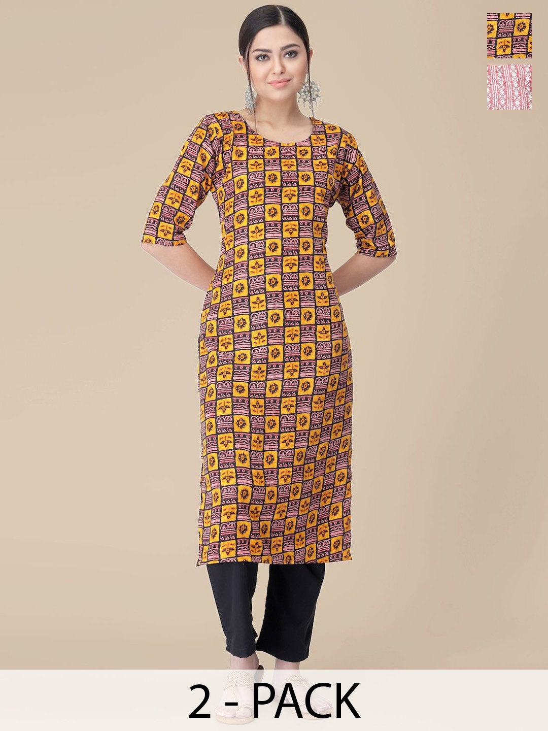 

7Threads Selection Of 2 Ethnic Motifs Printed Straight Kurta With Trousers, Yellow