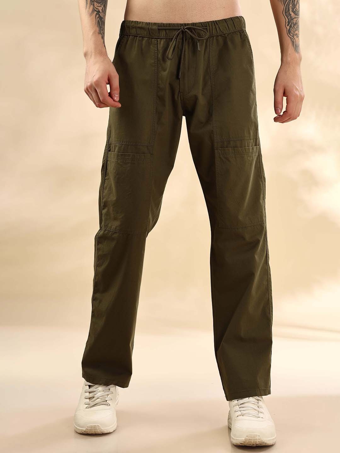 

Mast & Harbour Men Loose Fit Mid-Rise Cotton Trousers, Green