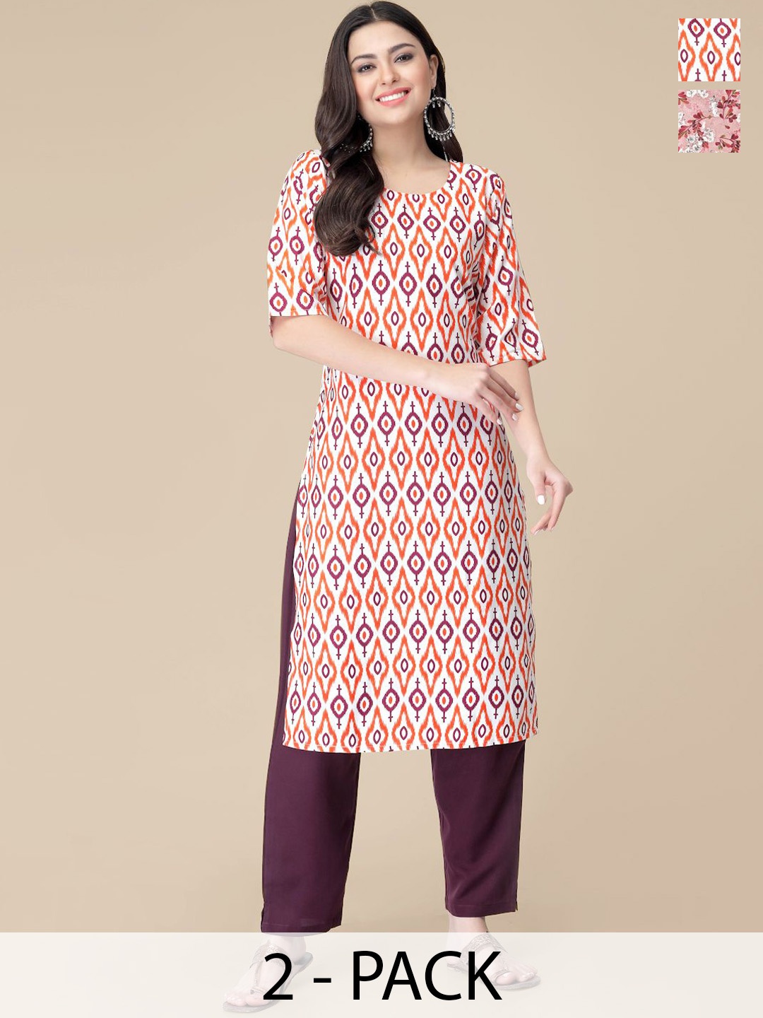 

7Threads Selection Of 2 Ethnic Motifs Printed Straight Kurtas With Trousers, White