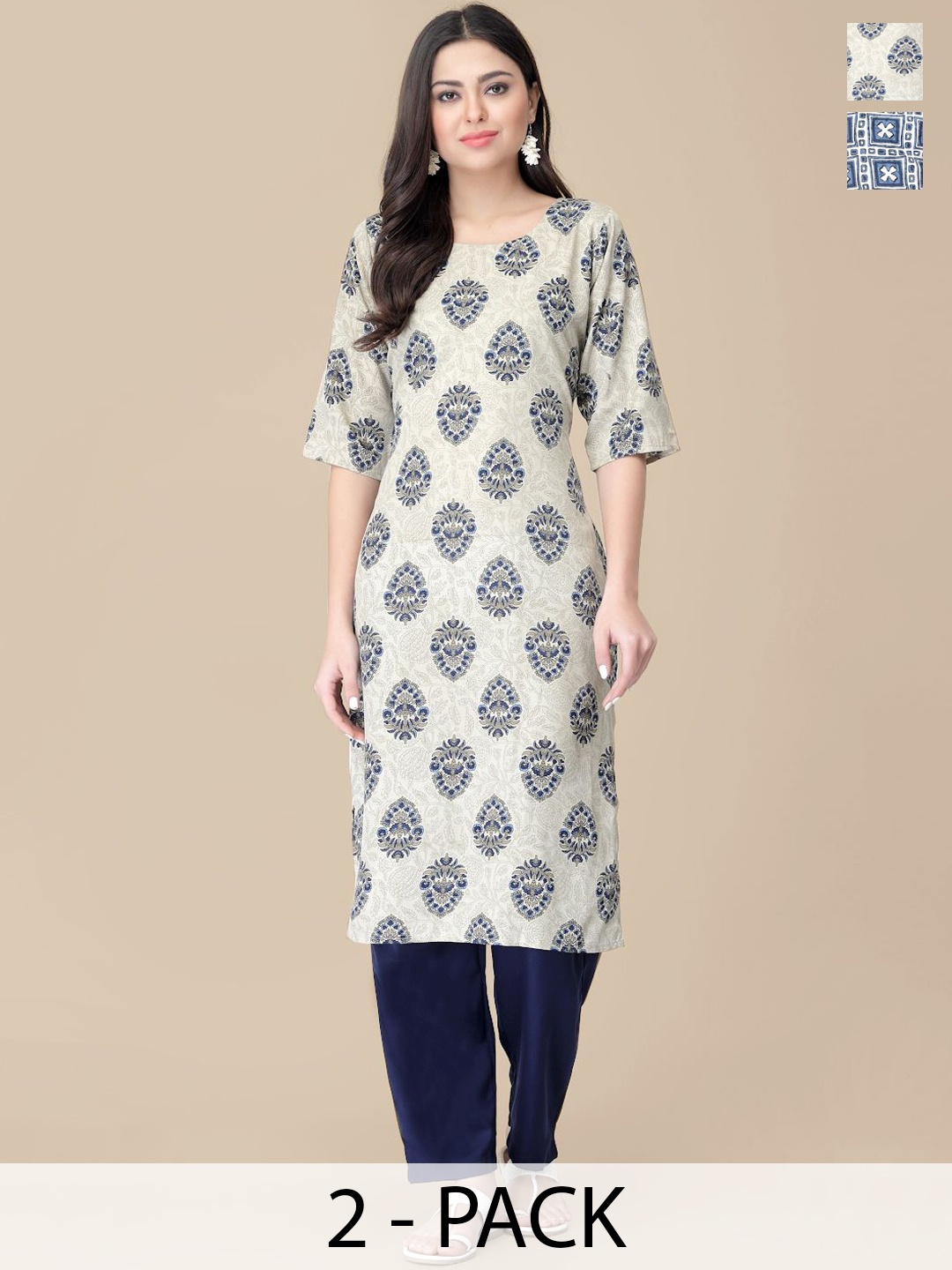 

7Threads Selection Of 2 Floral Printed Round Neck Straight Kurta With Trousers, Blue