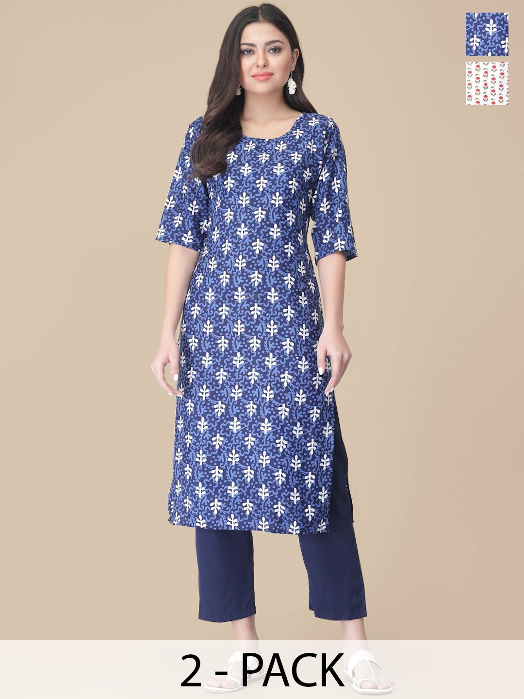 

7Threads Selection Of 2 Floral Printed Round Neck Straight Kurta With Trousers, Blue