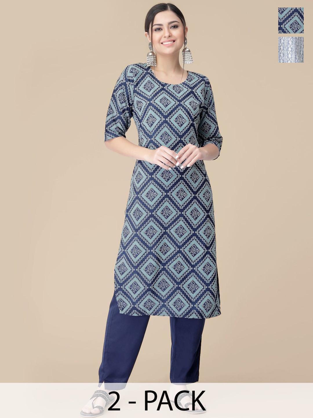 

7Threads Selection Of 2 Geometric Printed Round Neck Straight Kurta With Trousers, Blue