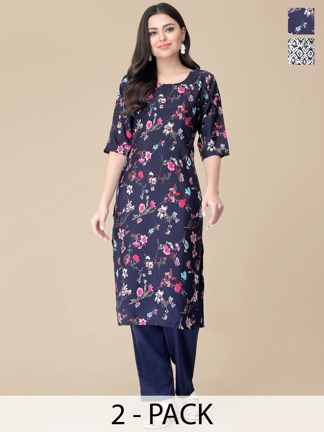 

7Threads Selection Of 2 Floral Printed Round Neck Straight Kurta With Trousers, Navy blue