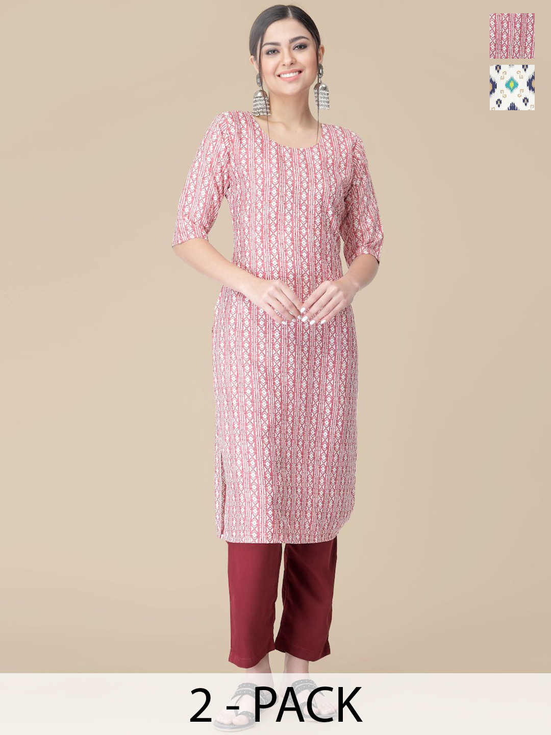 

7Threads Selection Of 2 Geometric Printed Round Neck Straight Kurta With Trousers, Pink