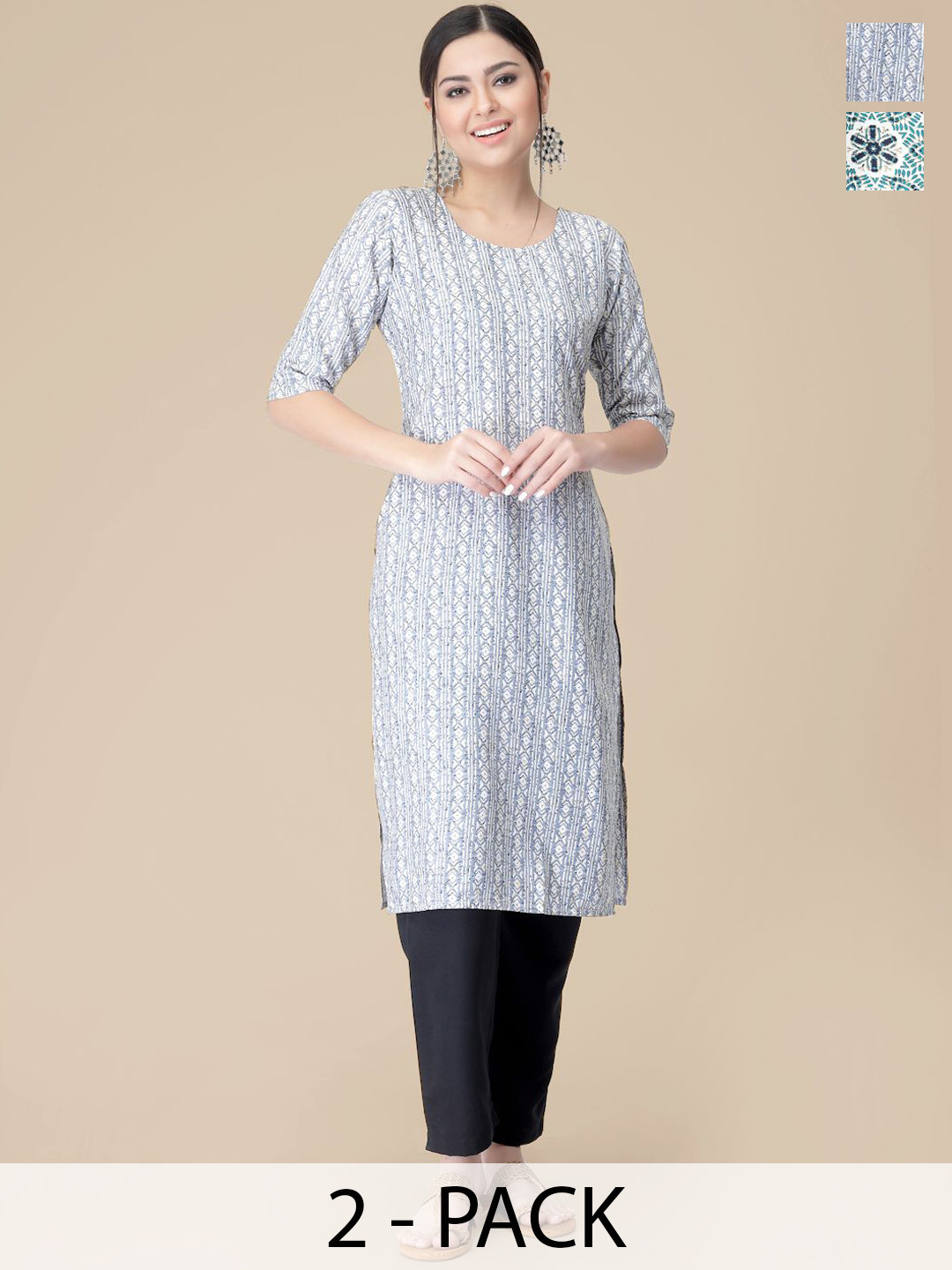 

7Threads Selection Of 2 Geometric Printed Round Neck Straight Kurta With Trousers, Grey
